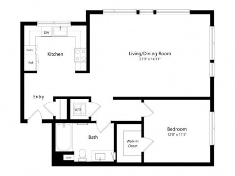 Floor plan for 1 bed, 1 bath, 923 sqft